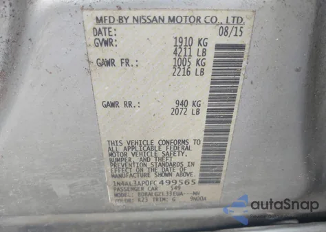 2015 Nissan Altima 2.5 S z USA, uszkodzony, nr VIN 1N4AL3AP0FC499565